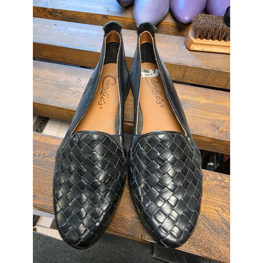 Candies Womens Black Woven Leather Flats Loafers Size 7 Made in Brazil